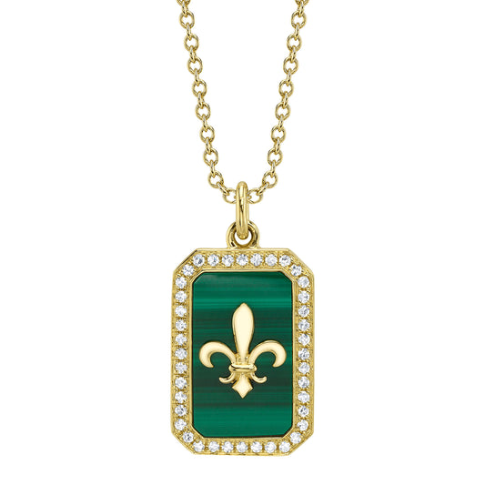 0.11Ct Diamond & 1.95Ct Malachite 14K Y/G Fleur De Lis Necklace