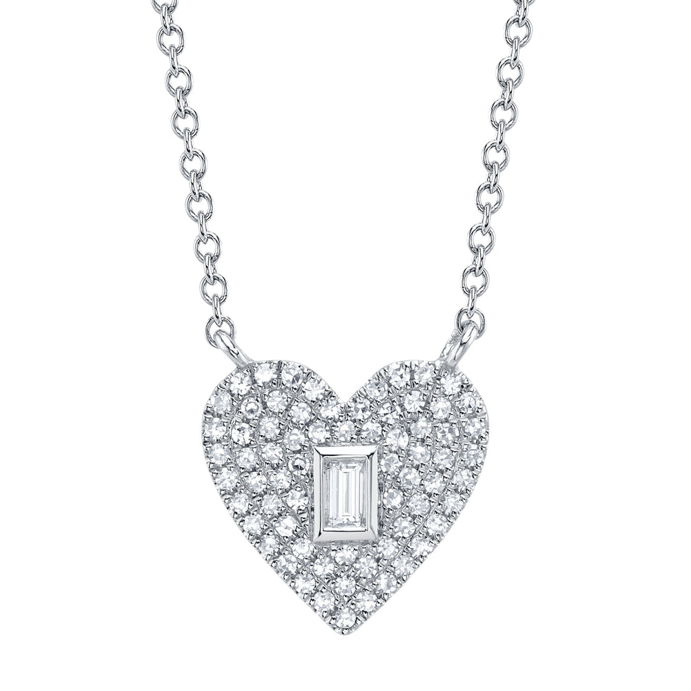 0.18Ct 14K W/G Diamond Baguette Pave Heart Necklace