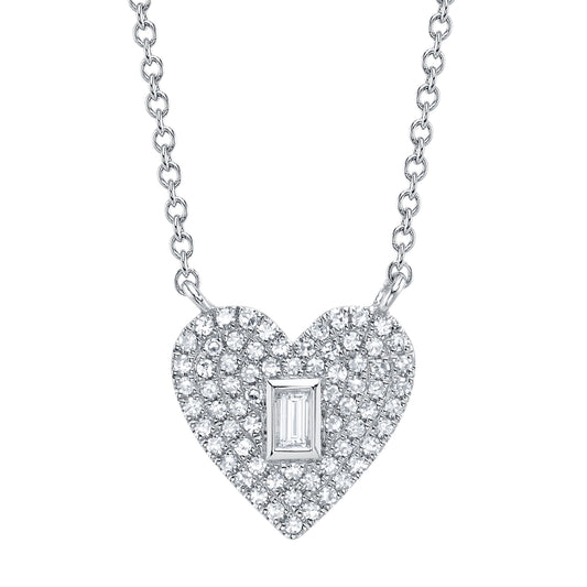 0.18Ct 14K W/G Diamond Baguette Pave Heart Necklace