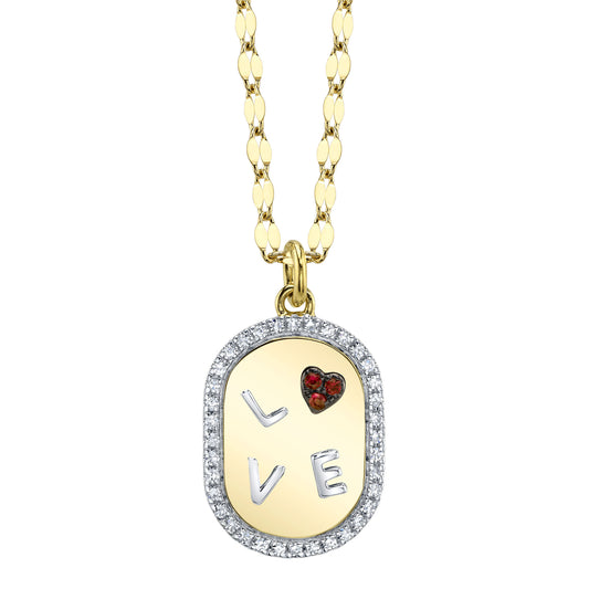 0.10Ct Diamond & 0.02Ct Ruby 14K2T Y/W Heart "Love" Oval Sparkle Chain Necklace