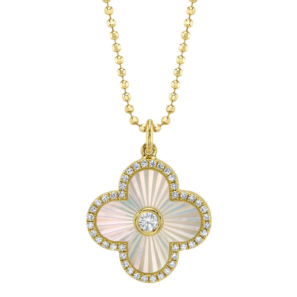 0.18Ct Diamond & 0.94Ct Mother Of Pearl 14K Y/G Bezel Ribbed Clover Faceted Ball Chain Necklace
