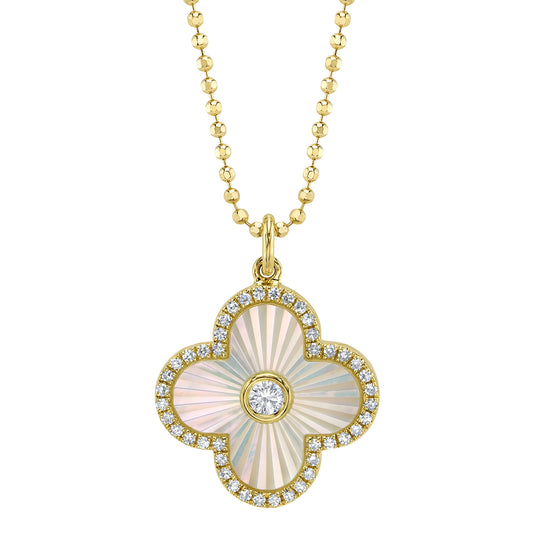 0.18Ct Diamond & 0.94Ct Mother Of Pearl 14K Y/G Bezel Ribbed Clover Faceted Ball Chain Necklace