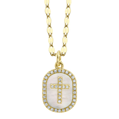 0.11Ct Diamond & 0.95Ct Mother Of Pearl 14K Y/G Oval Cross Sparkle Chain Necklace