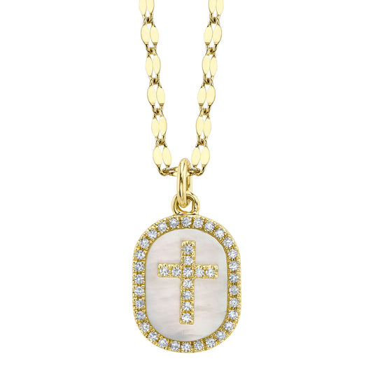0.11Ct Diamond & 0.95Ct Mother Of Pearl 14K Y/G Oval Cross Sparkle Chain Necklace