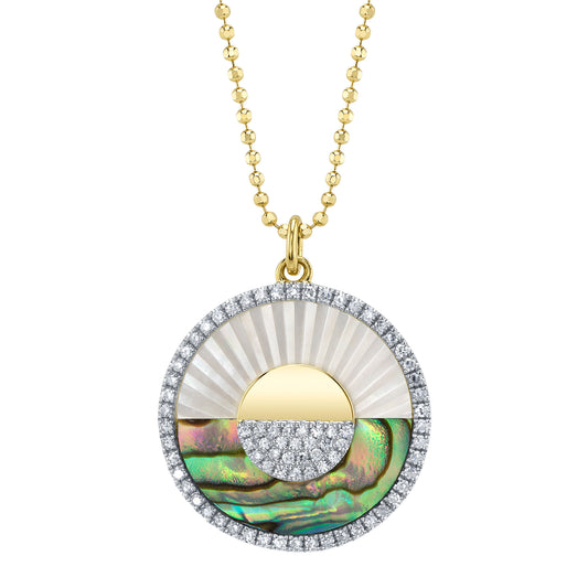 0.20Ct Diamond & 3.06Ct Abalone Shell & Mother Of Pearl 14K Y/G Pave Ribbed Circle Sunrise Sunset Faceted Ball Chain Necklace