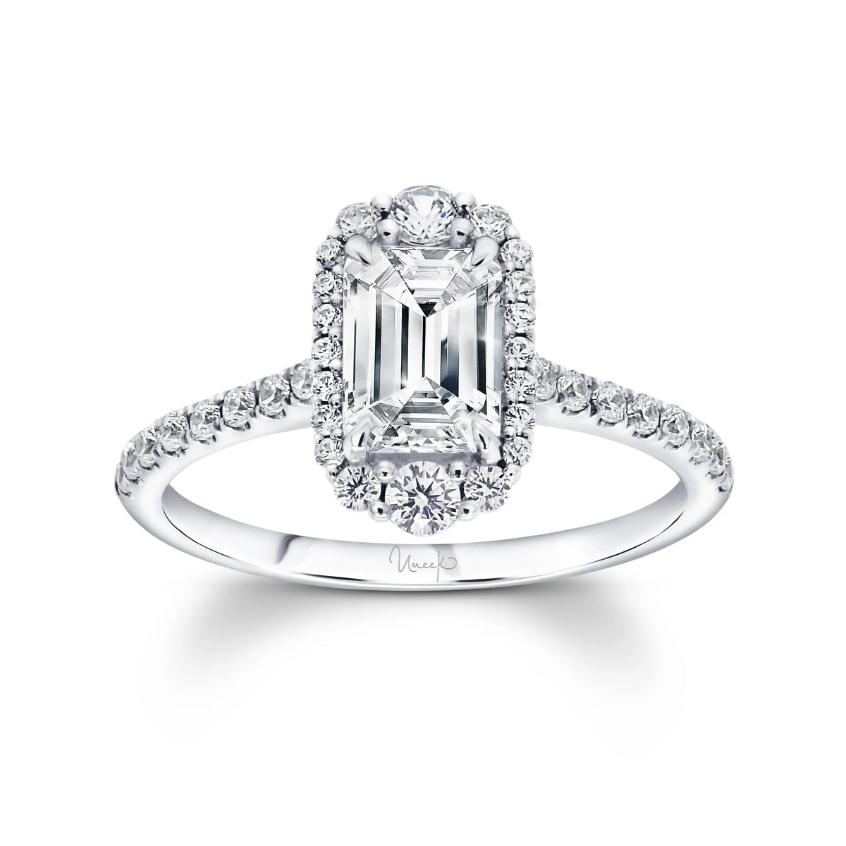 Uneek Petals Collection Halo Emerald Cut Engagement Ring