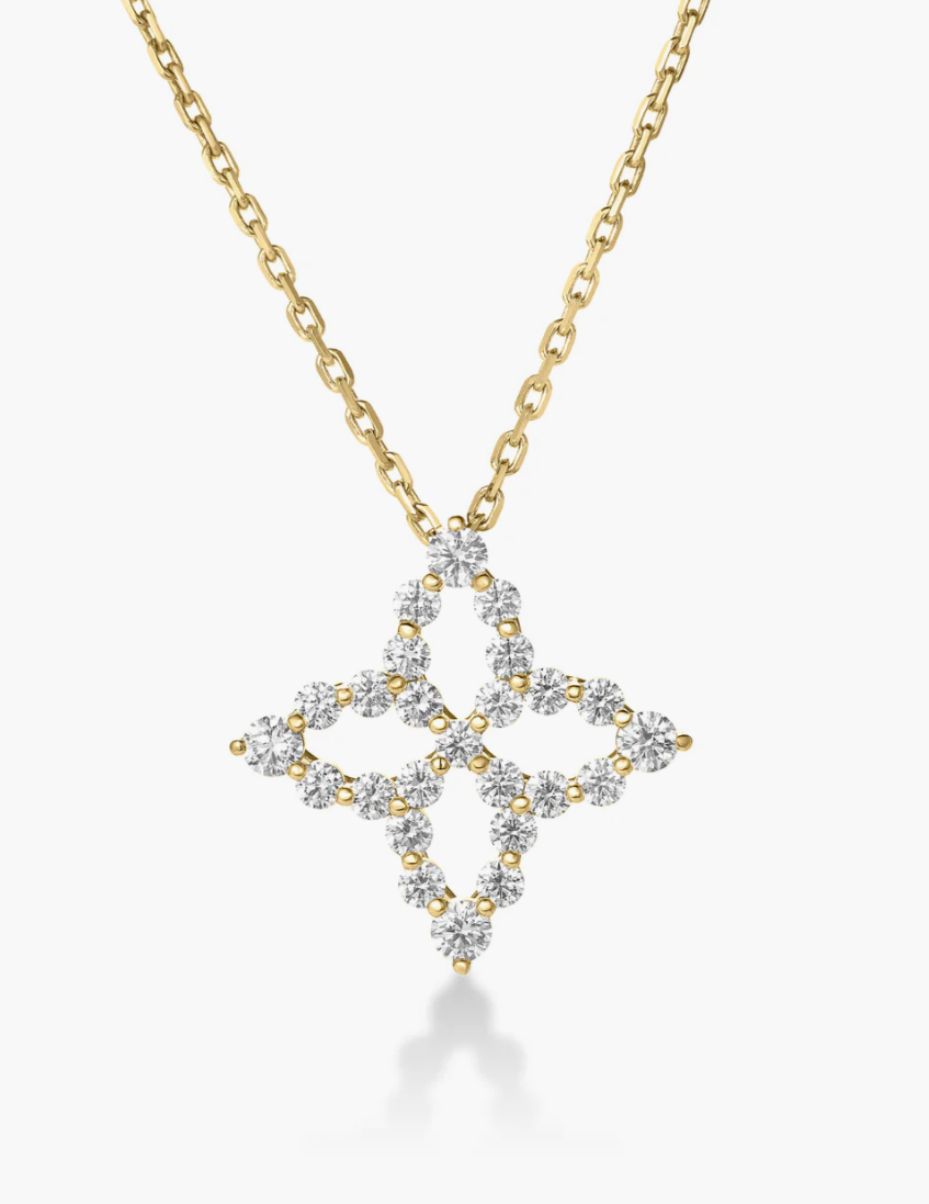18K YELLOW GOLD DIAMOND PRINCESS OUTLINE LARGE TAPERED FLOWER NECKLACE