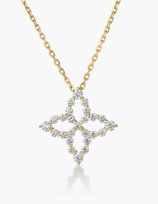 18K YELLOW GOLD DIAMOND PRINCESS OUTLINE LARGE TAPERED FLOWER NECKLACE