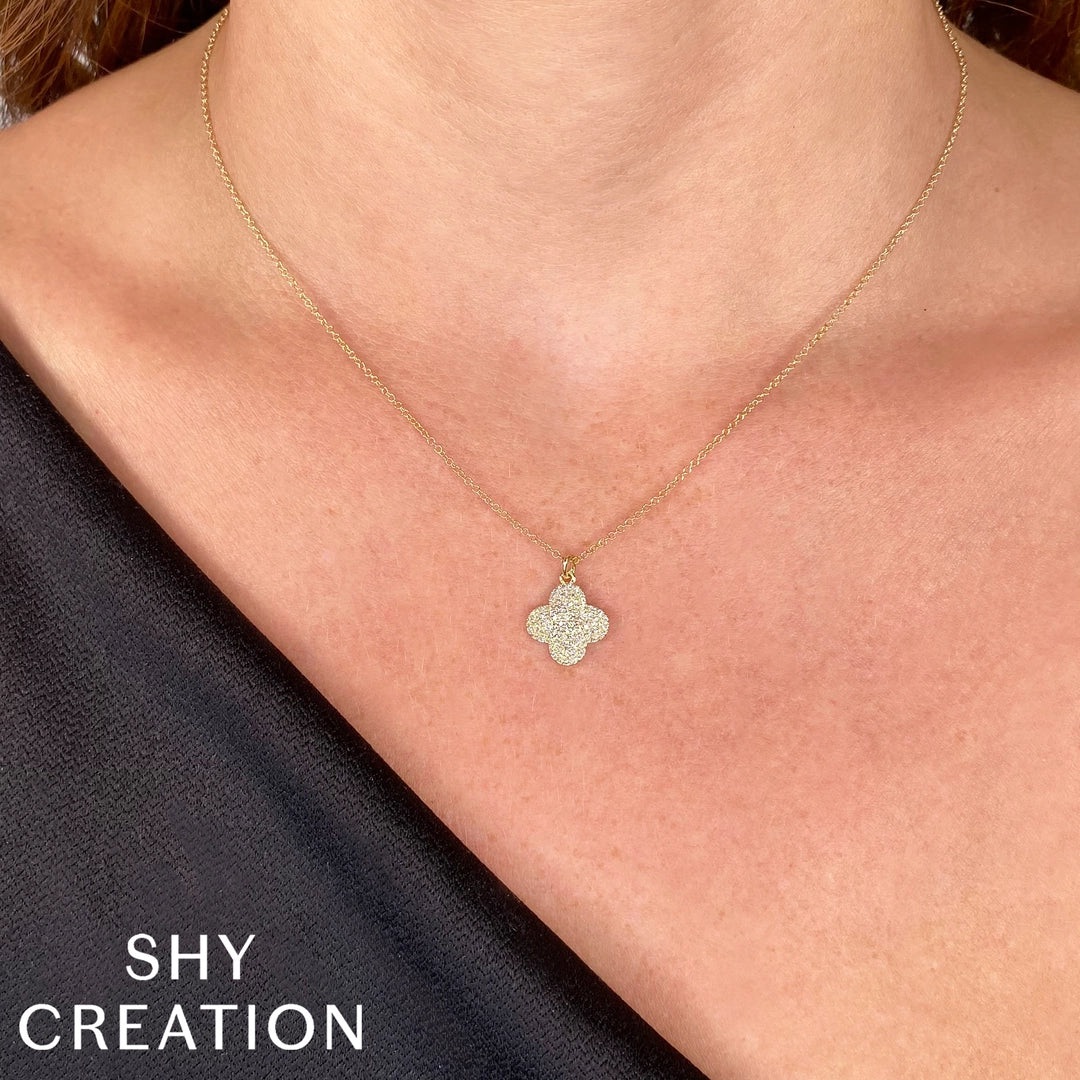 0.23Ct 14K Y/G Diamond Pave Clover Necklace